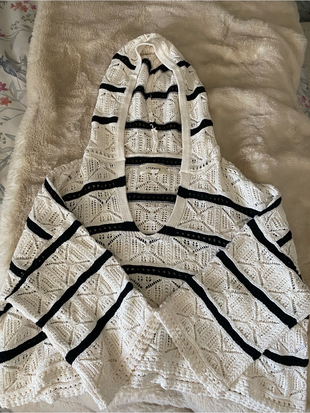 L*Space White Hooded Crochet V-Neck Sweater With Black Stripes